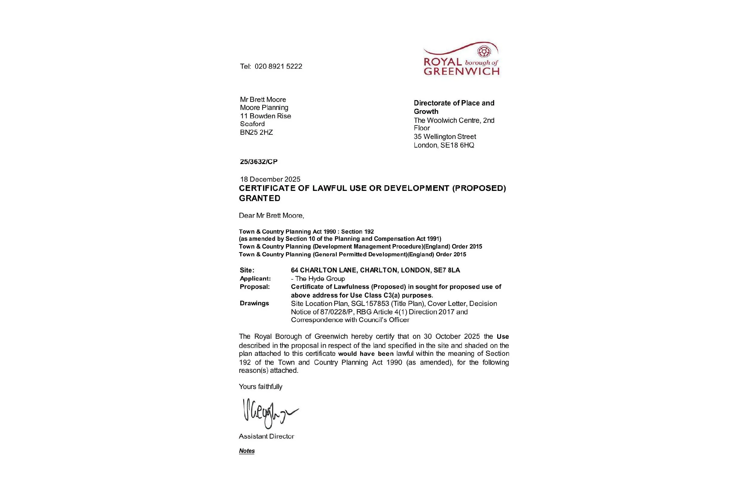 Royal Borough of Greenwich decision notice granting Certificate of Lawful Use to Sussex planning consultants