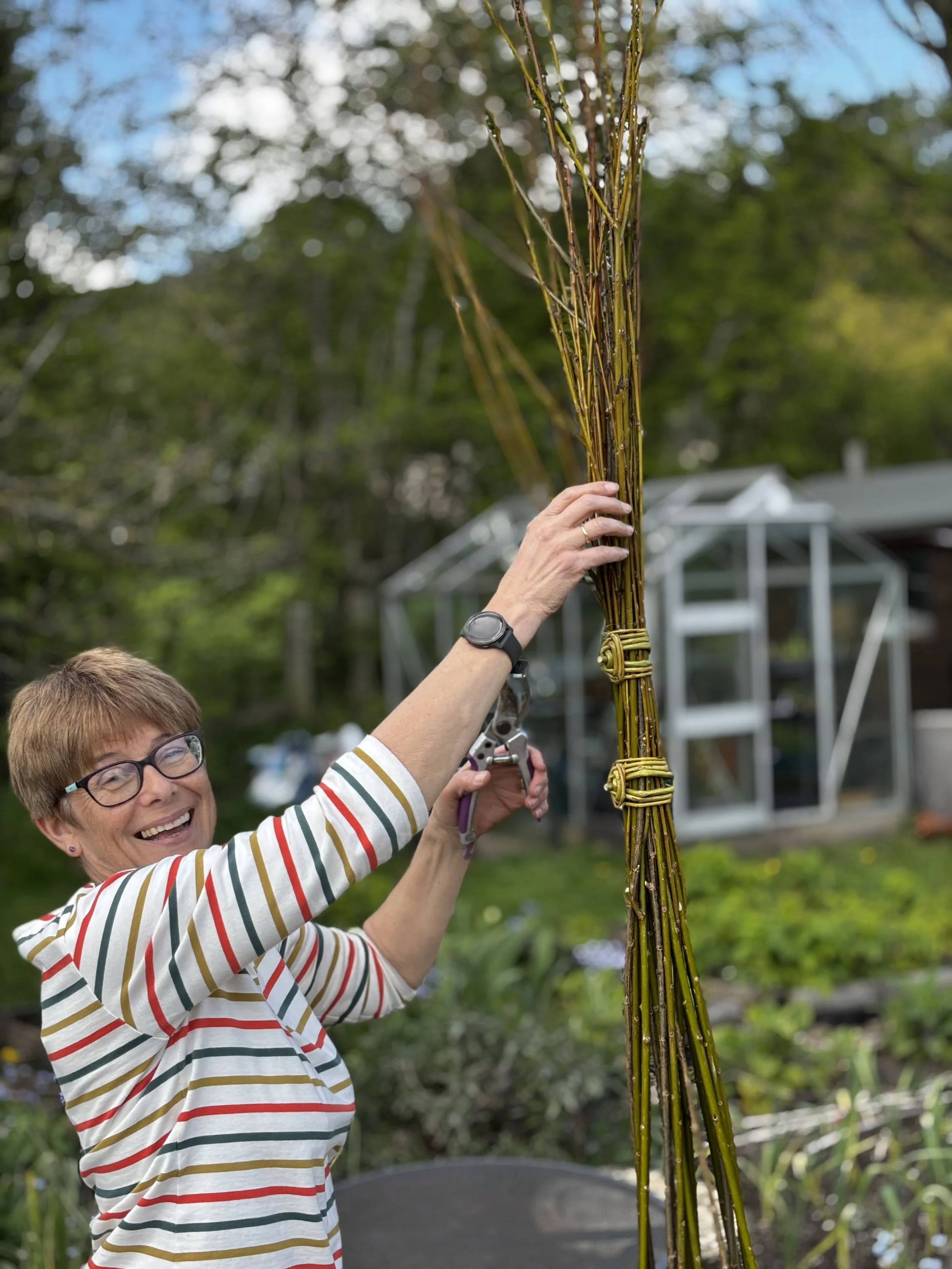 Courses run throughout the year-here a happy student is putting the finishing touches to her first willow plant climber.