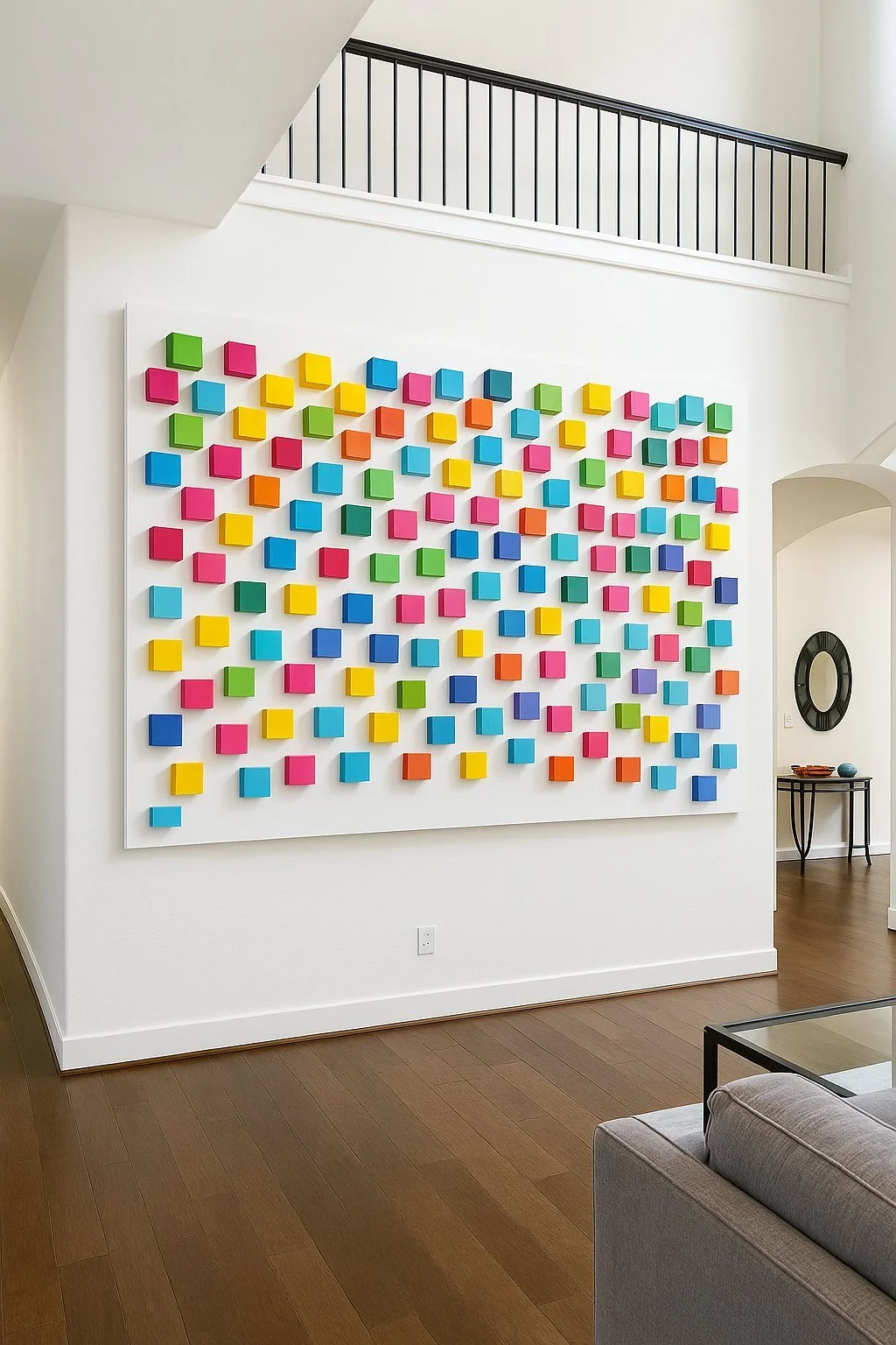 Joy Scatter, bright multicolor floating wood blocks on a tall white wall