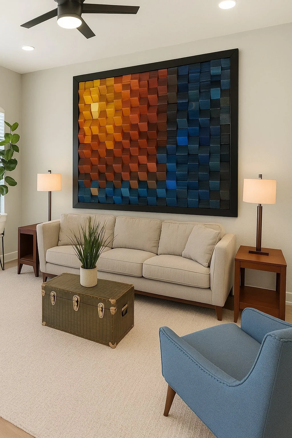 Last Light, a framed orange and blue wood block piece above a sofa