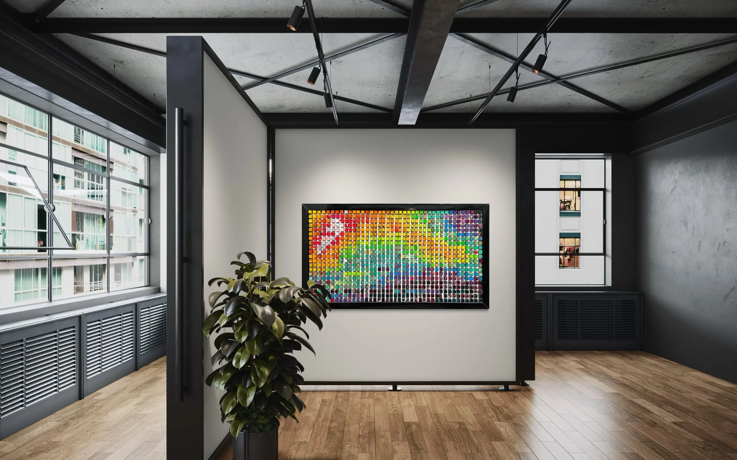 Modern art gallery with a colorful pixel art piece on a white wall, a green potted plant in the foreground, large windows showing neighboring buildings, and a polished wooden floor.