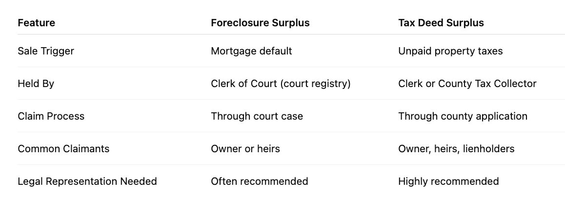 What’s the Difference Between Tax Deed and Foreclosure Surplus Funds?