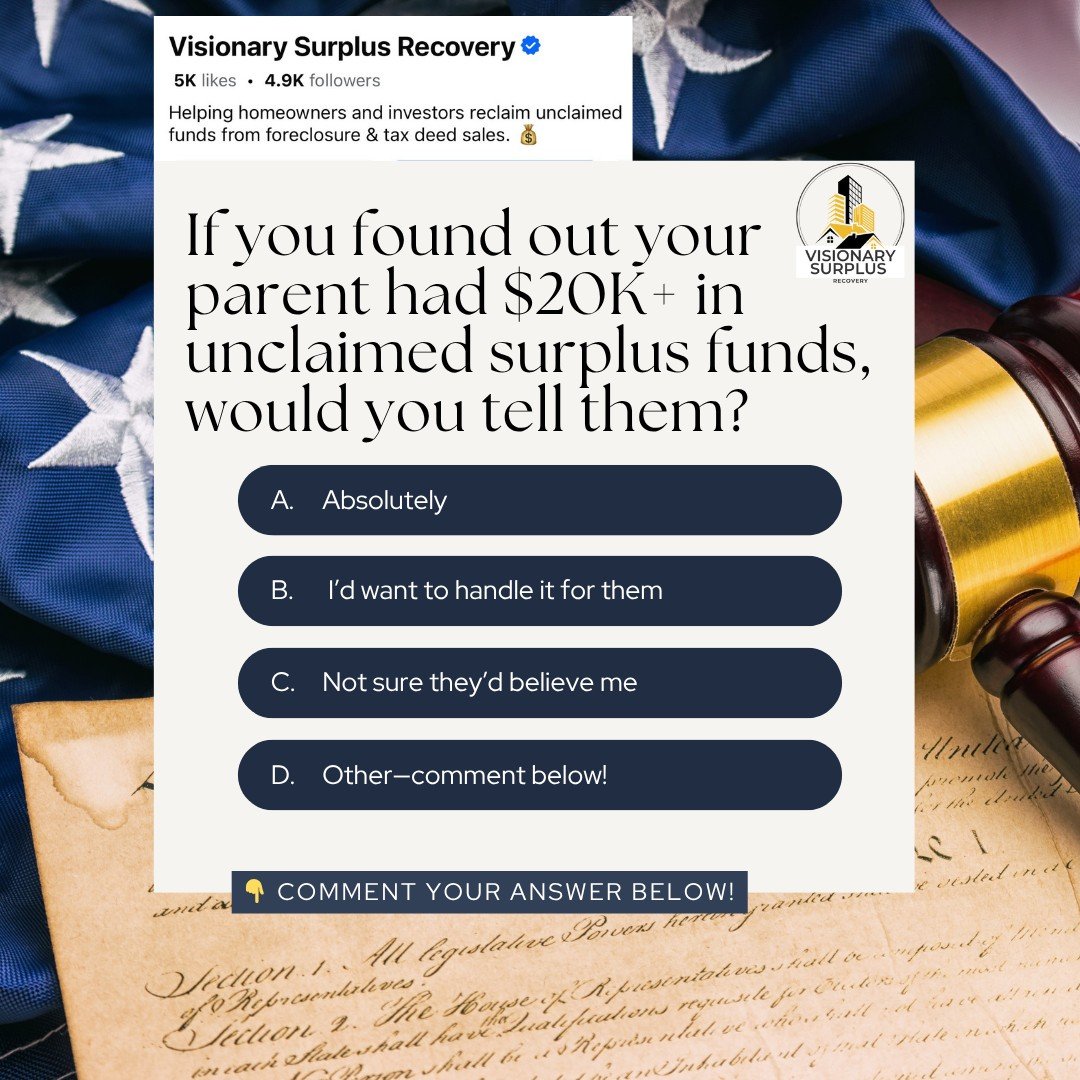 Let&rsquo;s get more families informed about surplus funds!

www.visionarysurplusrecovery.com

#surplusfunds
#foreclosure
#realestate
#homeownerhelp
#unclaimedfunds
#moneyrecovery
#foreclosurerelief
#realestateinvesting
#claimyourmoney
#homeequity
#f