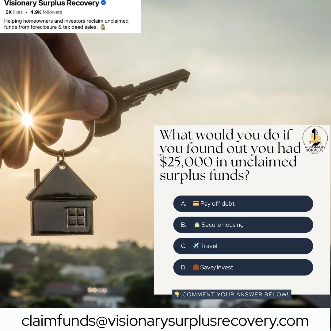 💭 Imagine getting $25,000 unexpectedly. What would help you more&mdash;cash in hand 💵 or wiping out debt 📉? Comment below!

www.visionarysurplusrecovery.com

#surplusfunds
#foreclosure
#realestate
#homeownerhelp
#unclaimedfunds
#moneyrecovery
#for