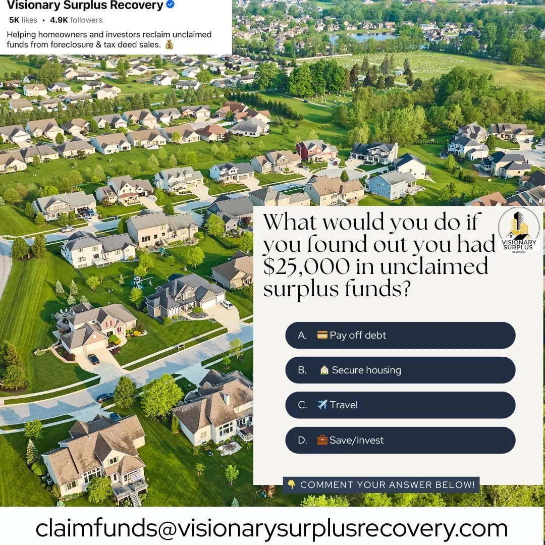 💭 What&rsquo;s your move if $20k of surplus funds comes your way? Comment below.

www.visionarysurplusrecovery.com

#surplusfunds
#foreclosure
#realestate
#homeownerhelp
#unclaimedfunds
#moneyrecovery
#foreclosurerelief
#realestateinvesting
#claimyo