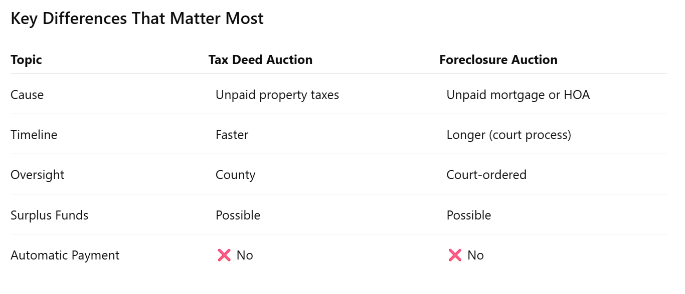 Tax Deed Sales vs. Foreclosure Auctions: What Homeowners Need to Know About Surplus Funds