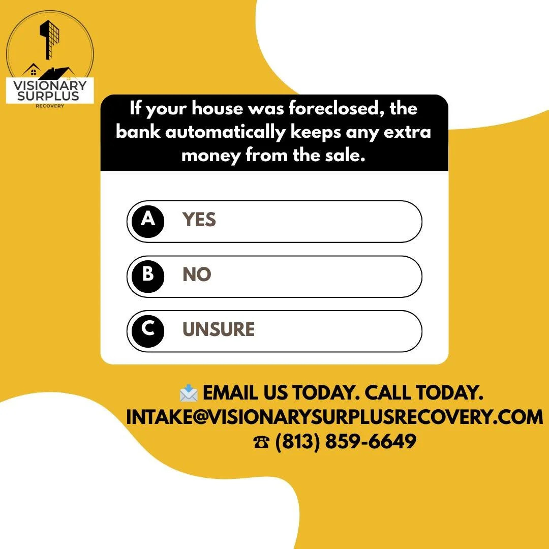 Yes or No👇
Want us to check your case?

📩 Email us today. Call today.
intake@visionarysurplusrecovery.com

☎ (813) 859-6649

#SurplusFundsQuiz #ForeclosureFacts #DidYouKnow #VisionarySurplusRecovery