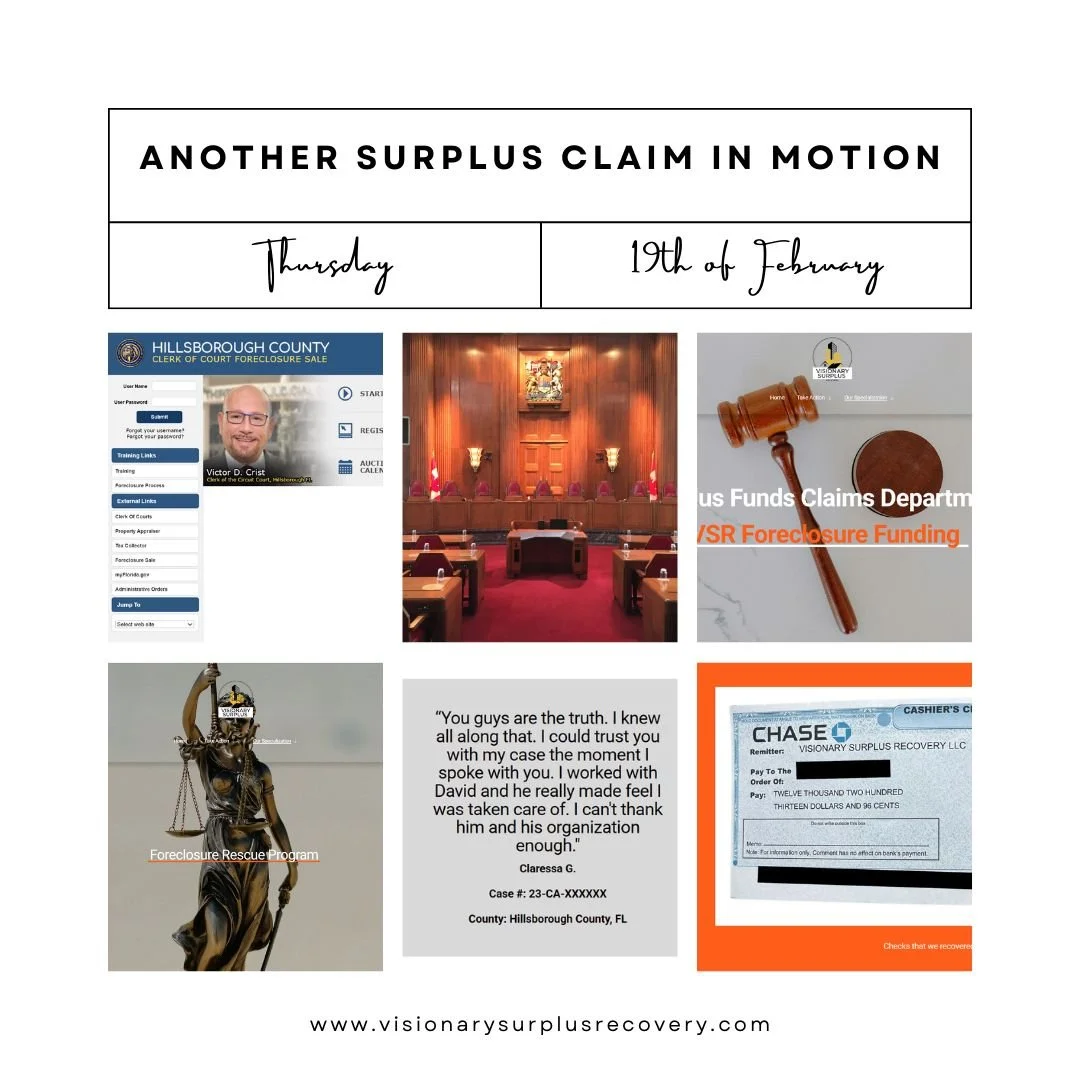 🔎 Behind the scenes at Visionary:
Before we ever move forward on a case, we verify:

&bull; Final auction sale amount
&bull; Total judgment payoff
&bull; Court registry surplus balance
&bull; Competing lien risks

Accuracy protects your claim.
Preci