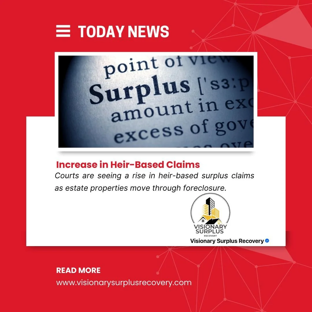 📈 Trend Update:
Courts are seeing a rise in heir-based surplus claims as estate properties move through foreclosure.

Many families don&rsquo;t realize surplus funds can still exist &mdash; even years later.

If you inherited property that went thro