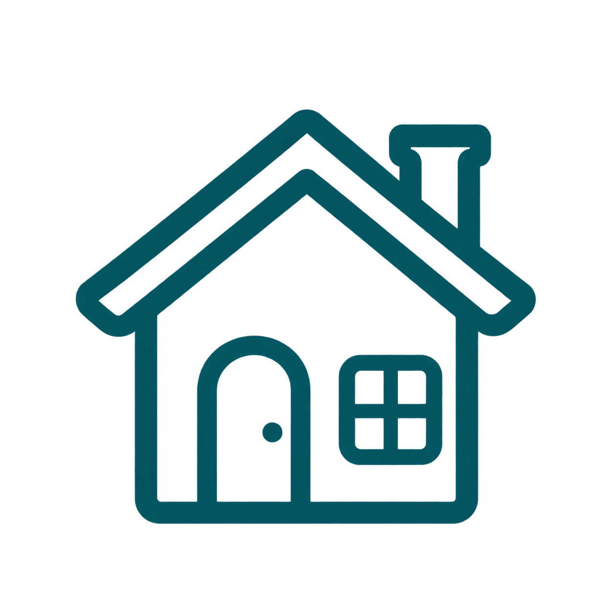 Red house icon with a chimney and pitched roof on a black background.