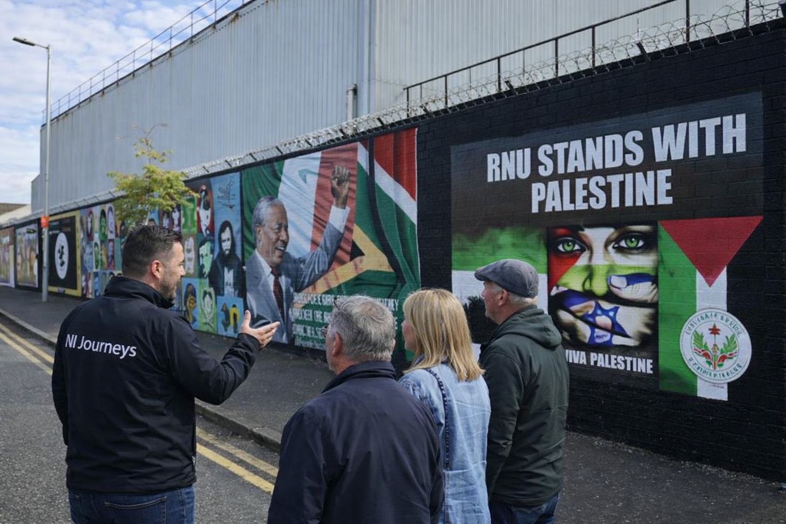 Tour guide at belfast peace wall with 3 tourists