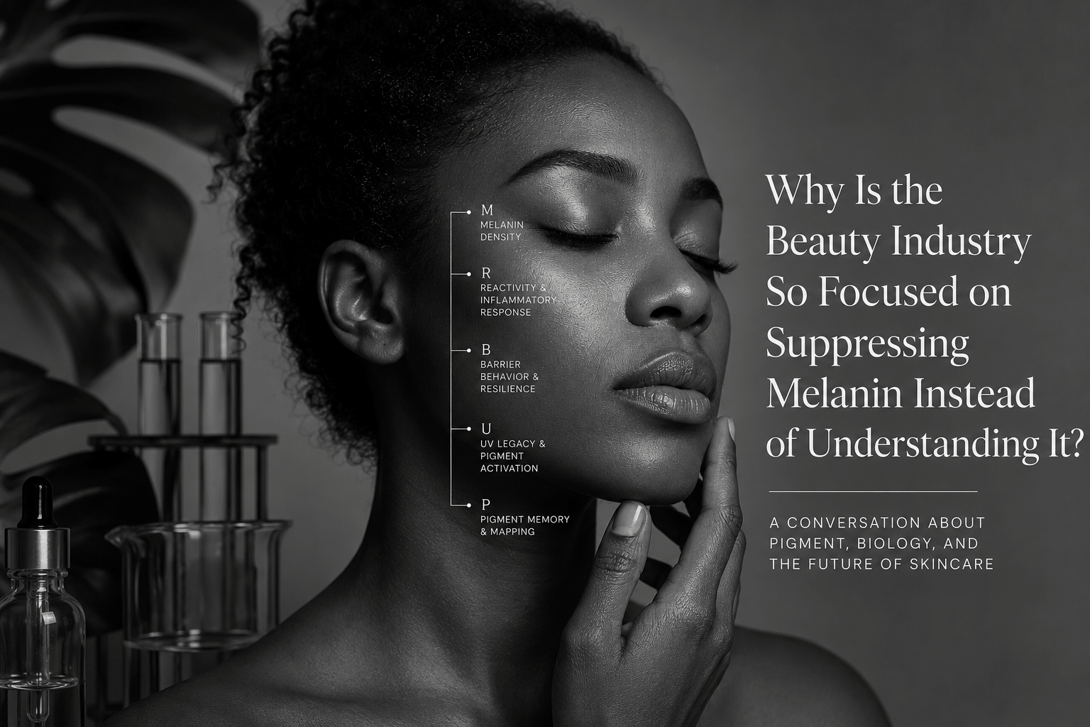 High-contrast black-and-white editorial portrait of a Black woman with luminous skin, photographed beside skincare laboratory glassware to symbolize melanocyte biology, melanin-rich skin, and scientific research in behavior-based skincare.