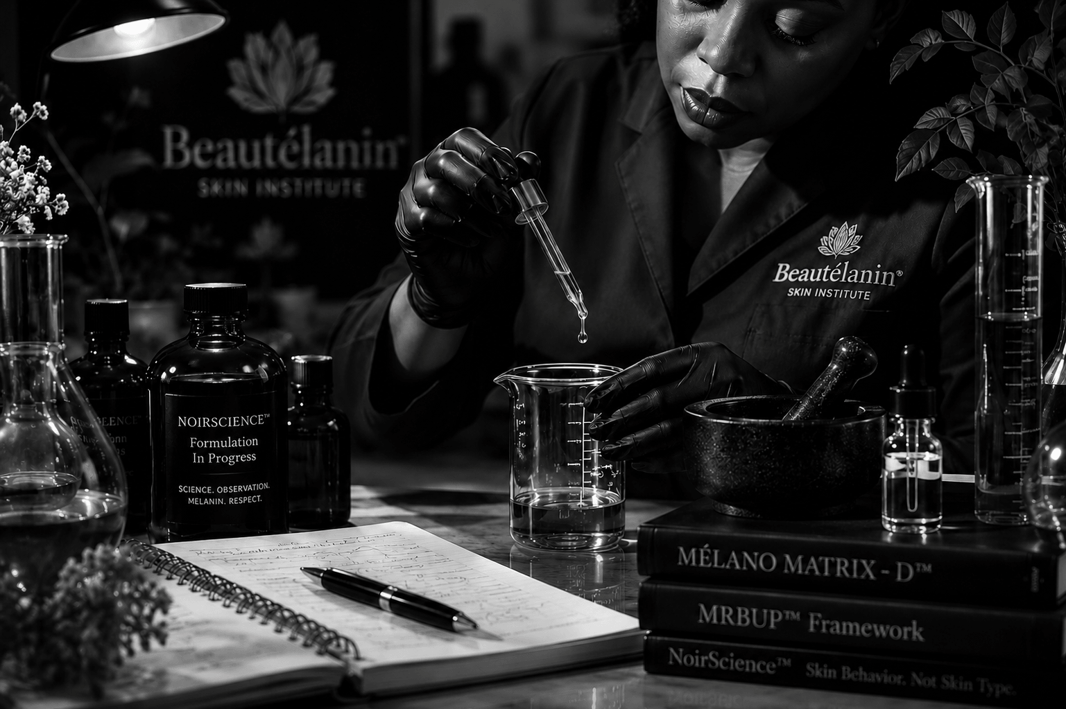 Black-and-white editorial portrait of a skincare professional formulating products in a laboratory, using a pipette with scientific glassware and NoirScience™ research materials