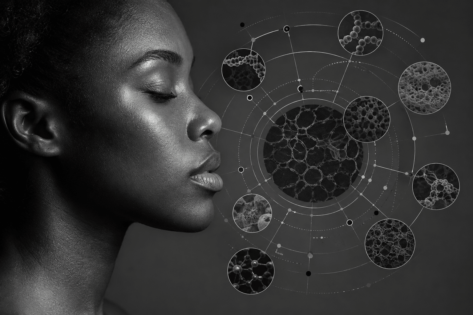 Black-and-white editorial illustration showing the relationship between glycation, collagen, oxidative stress, skin biology, and melanin-rich skin through a conceptual scientific map.