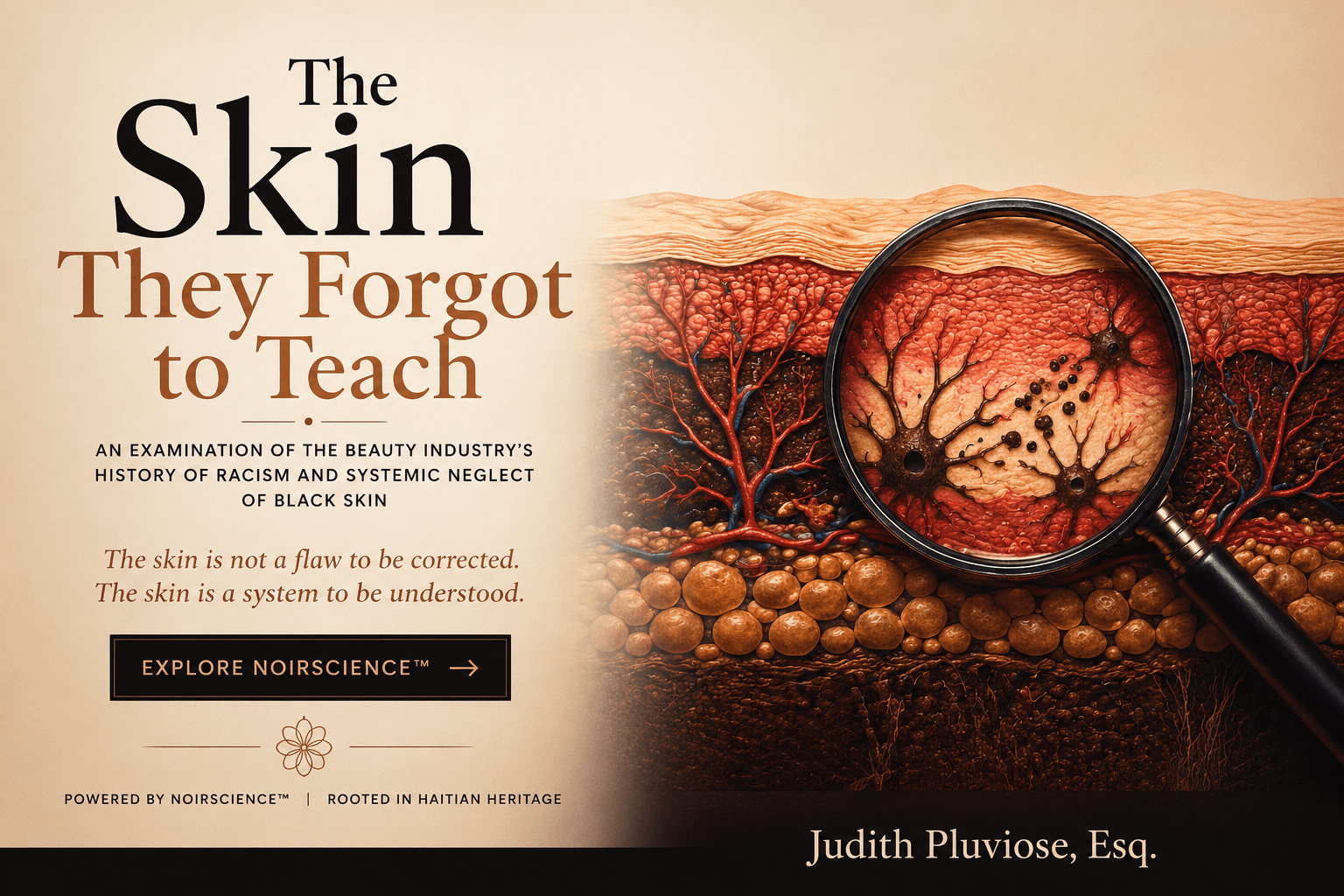 Book cover and educational graphic for The Skin They Forgot to Teach, exploring melanin-rich skin, pigment behavior, skin structure, and the history of systemic neglect in skincare education.
