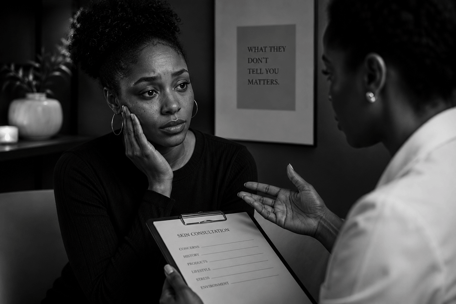 Black-and-white editorial photograph of a skincare consultation between an esthetician and a client, illustrating the importance of listening, observation, and trust during the skin consultation process.