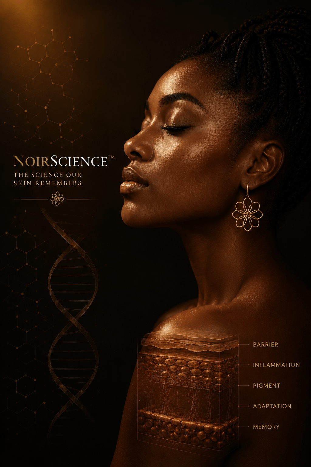 NoirScience™ explores the relationship between melanin, barrier behavior, inflammation, adaptation, and skin memory through a culturally informed approach to skin health.