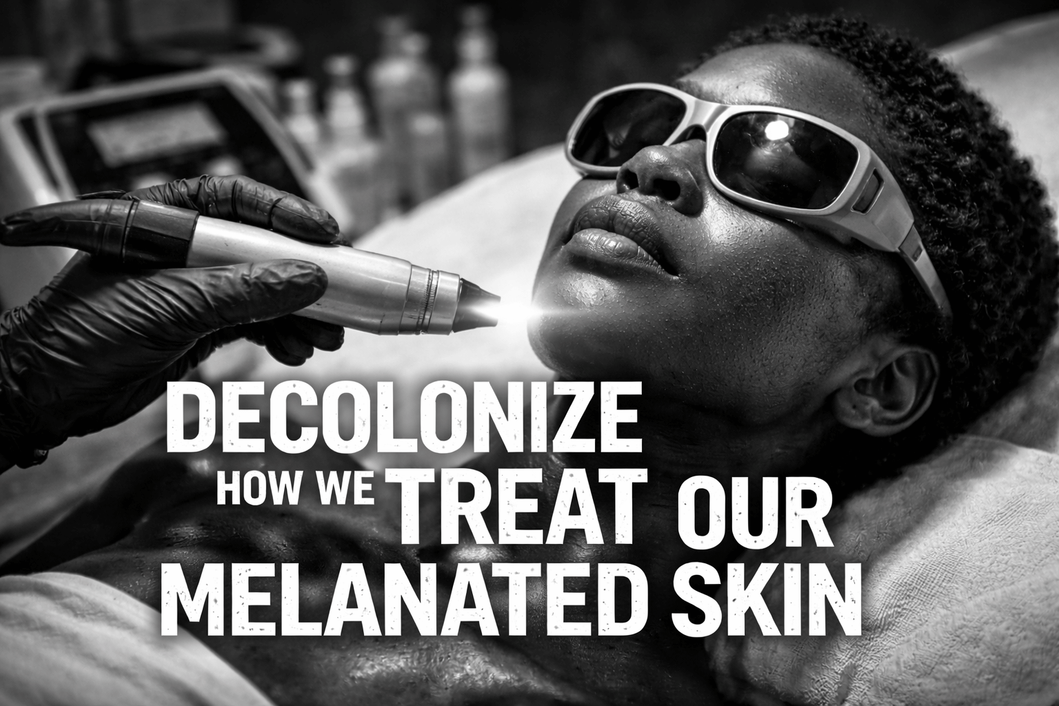 Black-and-white editorial portrait of a woman with melanated skin highlighting melanin as protection, resilience, and heritage in support of decolonized skincare and melanin-centered skin education.