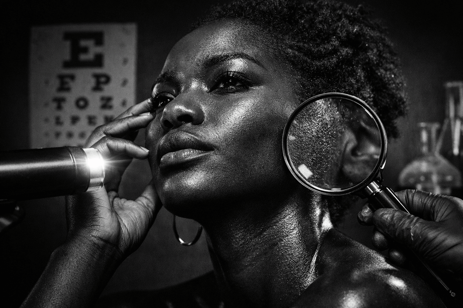 Close-up black-and-white editorial portrait of a woman with melanin-rich skin undergoing professional skin assessment using magnification, illustrating skin behavior analysis, barrier evaluation, and the MRBUP™ Framework.