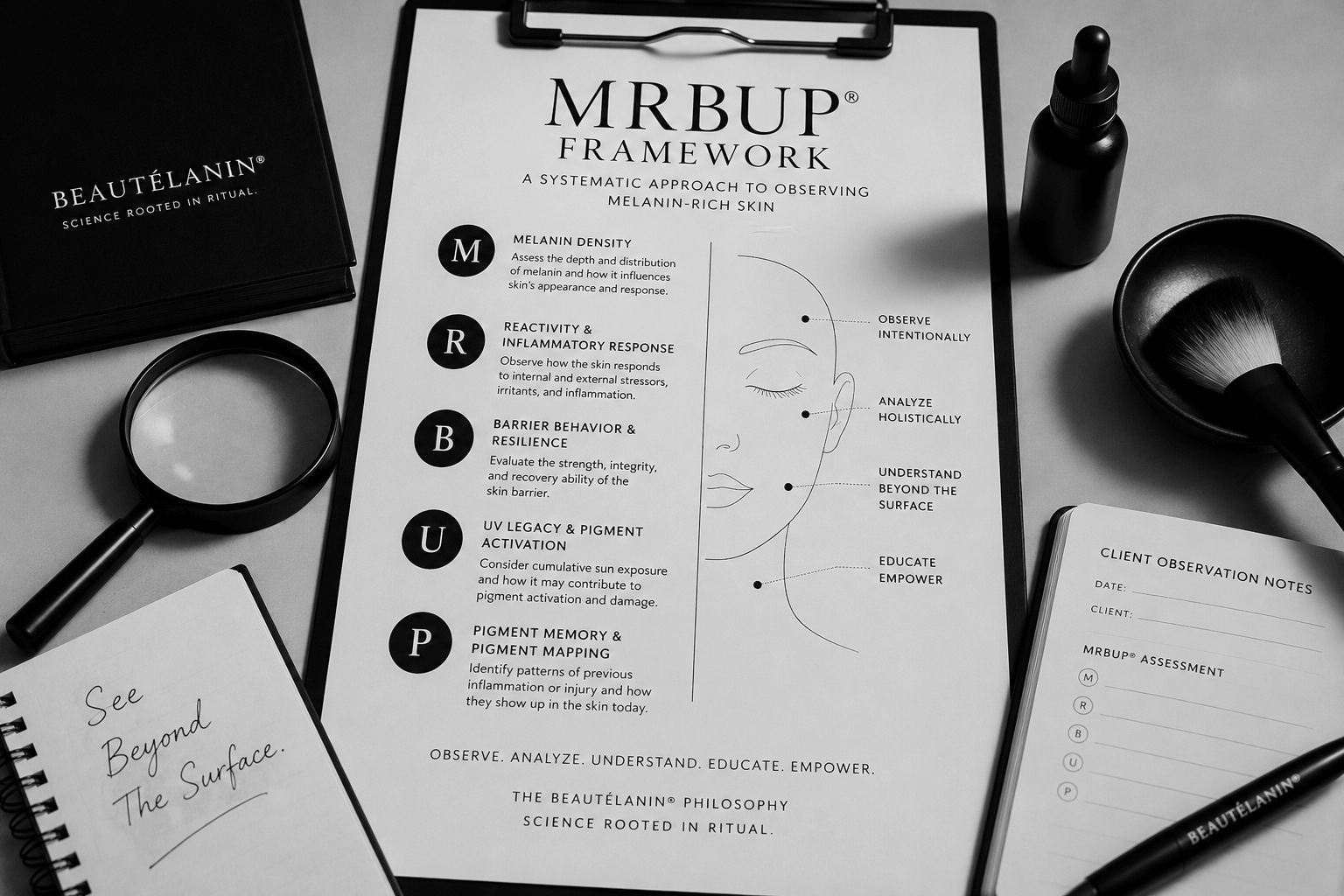 Black-and-white editorial illustration of the MRBUP® Framework showing the five observation domains used to systematically assess melanin-rich skin.