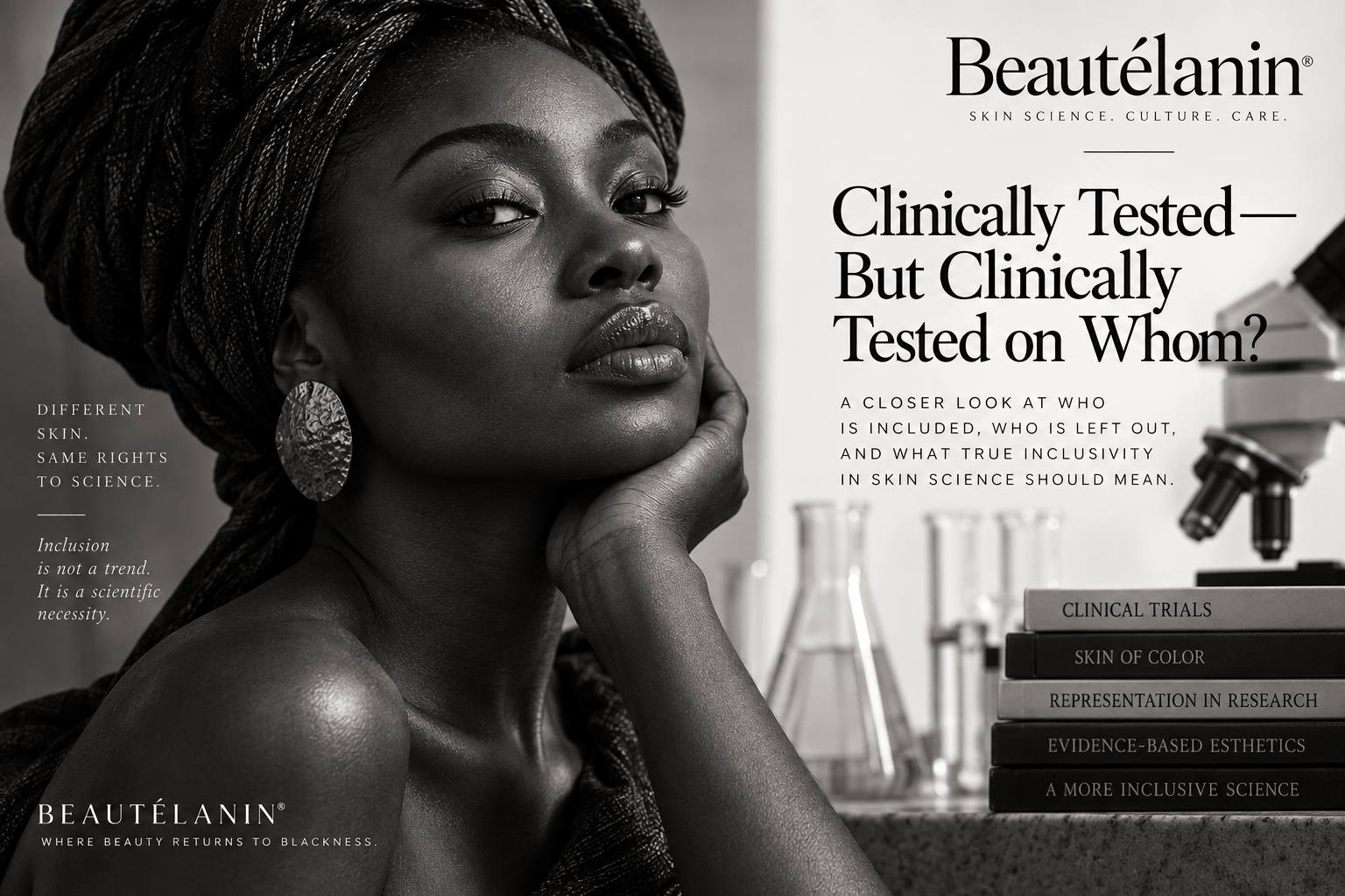 Black woman featured in a Beautélanin® editorial exploring representation of melanin-rich skin in skincare clinical testing and research.
