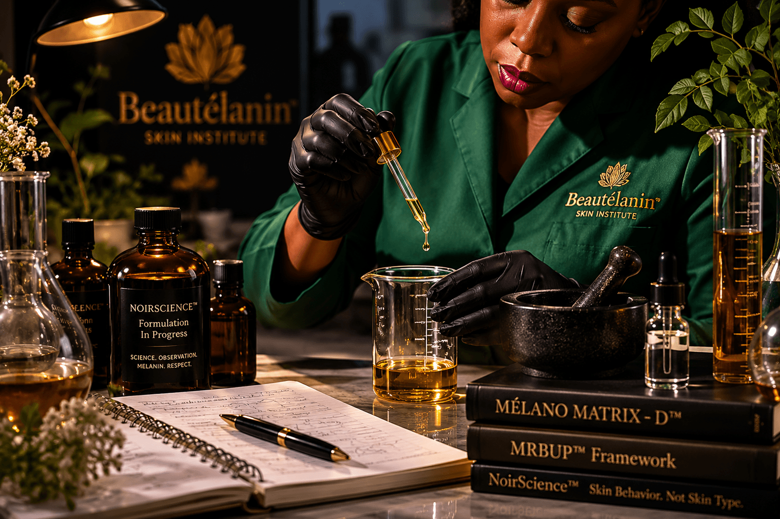 Beautélanin™ founder conducting skincare formulation and research work using the NoirScience™ philosophy, MélanoMatrix-D™, and MRBUP™ framework.