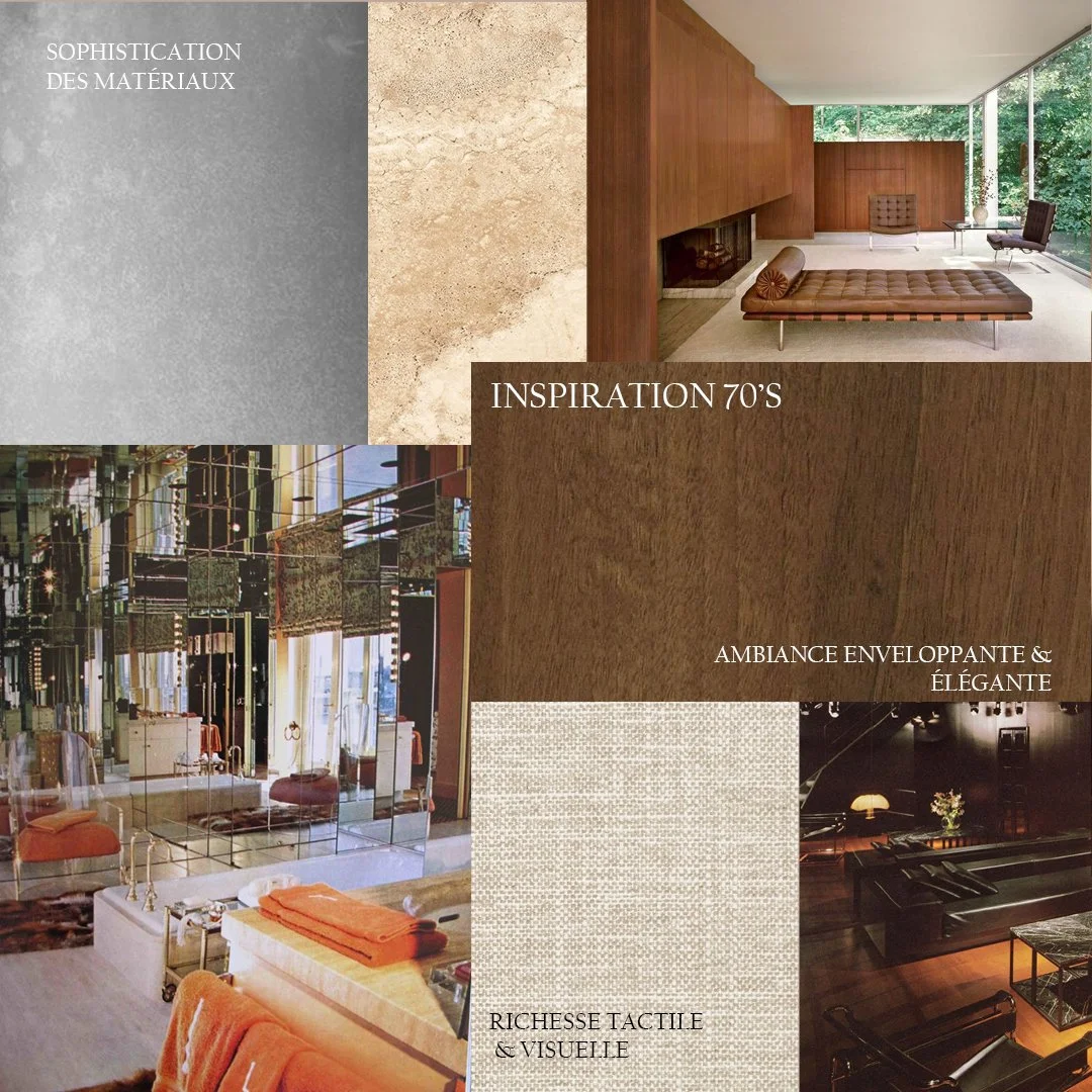 Mosaïque de matériaux de décoration intérieure avec textures de pierre, bois clair, bois foncé et tissu beige, évoquant une inspiration des années 70, avec textes en français sur la sophistication, l'ambiance élégante et tactile.