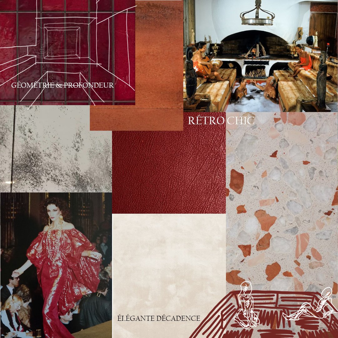 Collage de différentes textures et styles, avec des éléments de design géométrique, de décoration rétro chic, des tissus en cuir rouge, de la pierre terrazzo, une scène de mode avec une femme portant une robe rouge élégante, et une décoration intérieure avec un ambiance rétro chic.