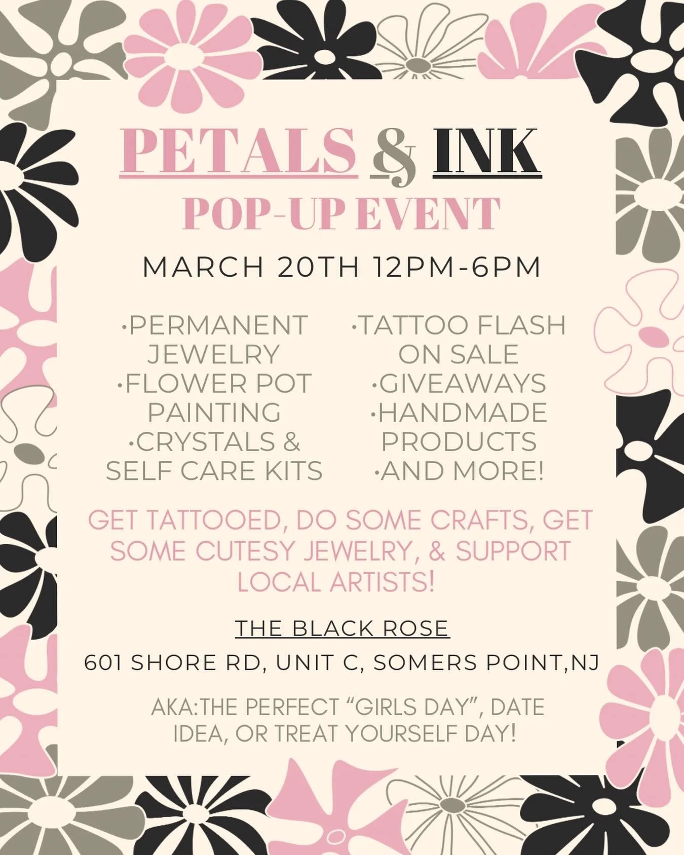 🌸 Petals &amp; Ink Pop-Up Event 🌸

Celebrate spring with us!

✨ Discounted tattoos 
✨ Permanent jewelry 
🎨 Flower pot paint bar 
🎁 Giveaways 
🖼️ New artwork &amp; merch 
🍪 Snacks &amp; good vibes

Grab a friend and stop by!

📅 Friday March 20 