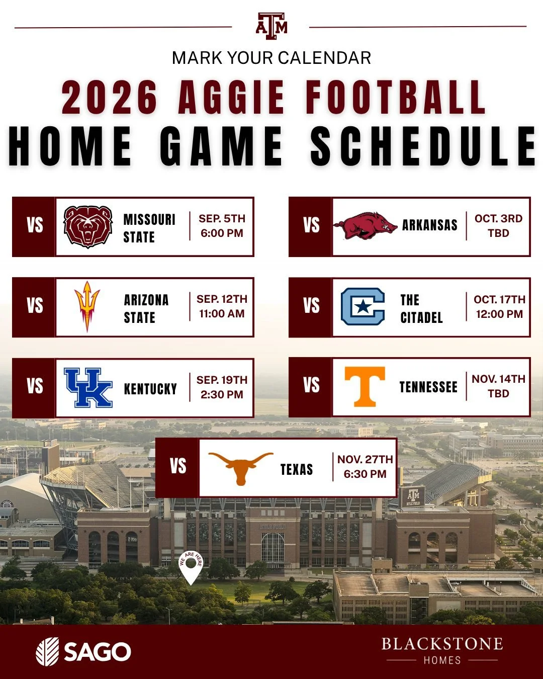 Mark your calendar and tailgate with us for every home game this season!