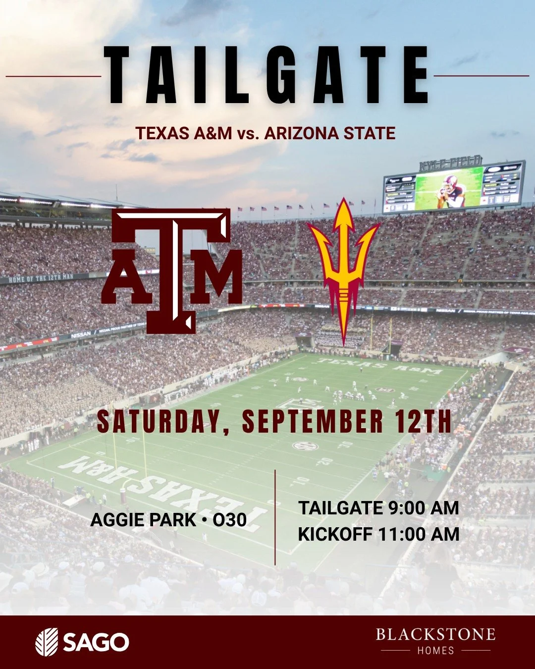It's game week in Aggieland! Tailgate with us THIS Saturday!

Aggie Park &ndash; on Houston Street &ndash; Right outside of Kyle Field 

9:00 AM Tailgate | 11:00 AM Kickoff 

Food and drinks are provided!