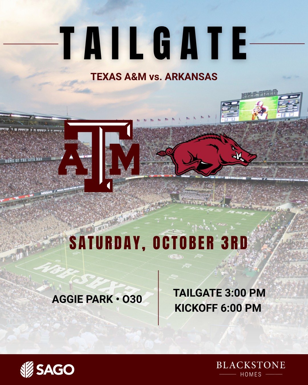 It's game week in Aggieland! Tailgate with us THIS Saturday!

Aggie Park &ndash; on Houston Street &ndash; Right outside of Kyle Field 

3:00 PM Tailgate | 6:00 PM Kickoff 

Food and drinks are provided!