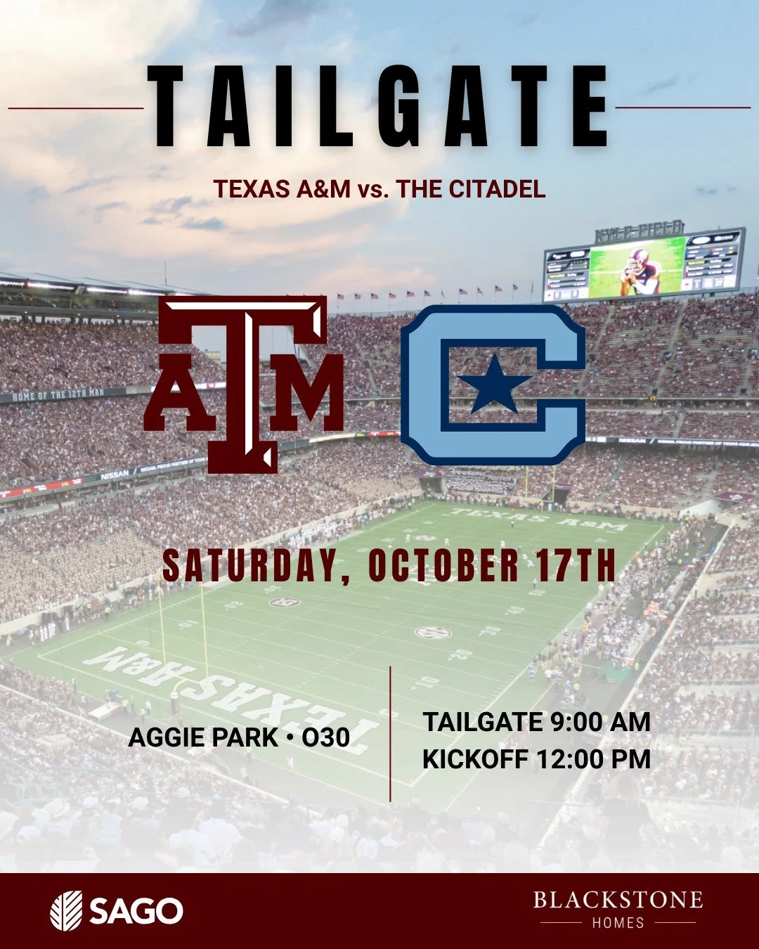It's game week in Aggieland! Tailgate with us THIS Saturday!

Aggie Park &ndash; on Houston Street &ndash; Right outside of Kyle Field 

9:00 AM Tailgate | 12:00 PM Kickoff 

Food and drinks are provided!
