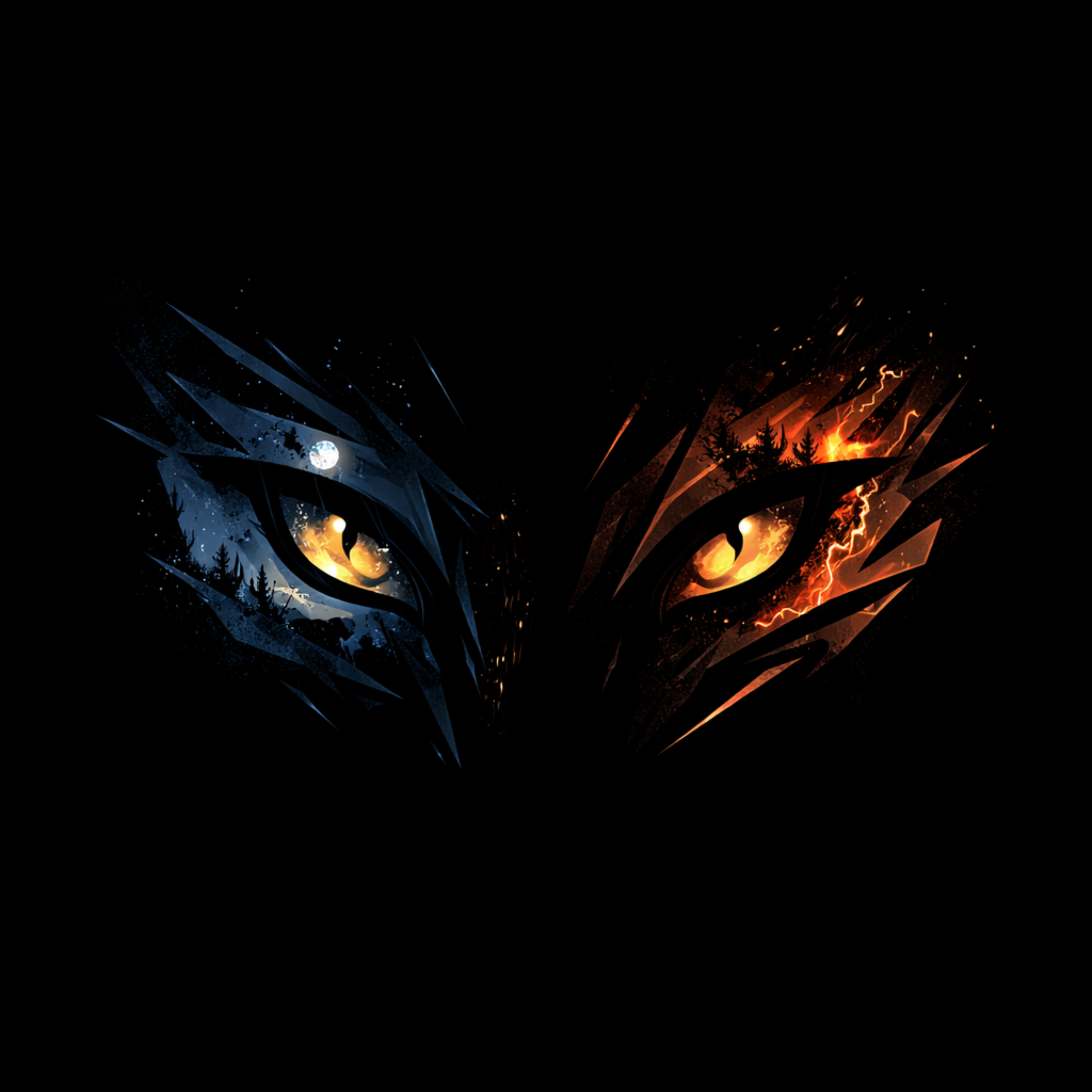 Digital artwork of a wolf's face split into two, with the left side representing night with a blue theme and the moon, and the right side representing fire and lightning, creating a fierce, intense appearance.