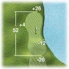 Golf course hole map with contour lines, distances, and elevation changes.