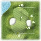 Diagram of a golf course green with contour lines, elevation markers, and a flagstick, indicating varying heights and slopes.