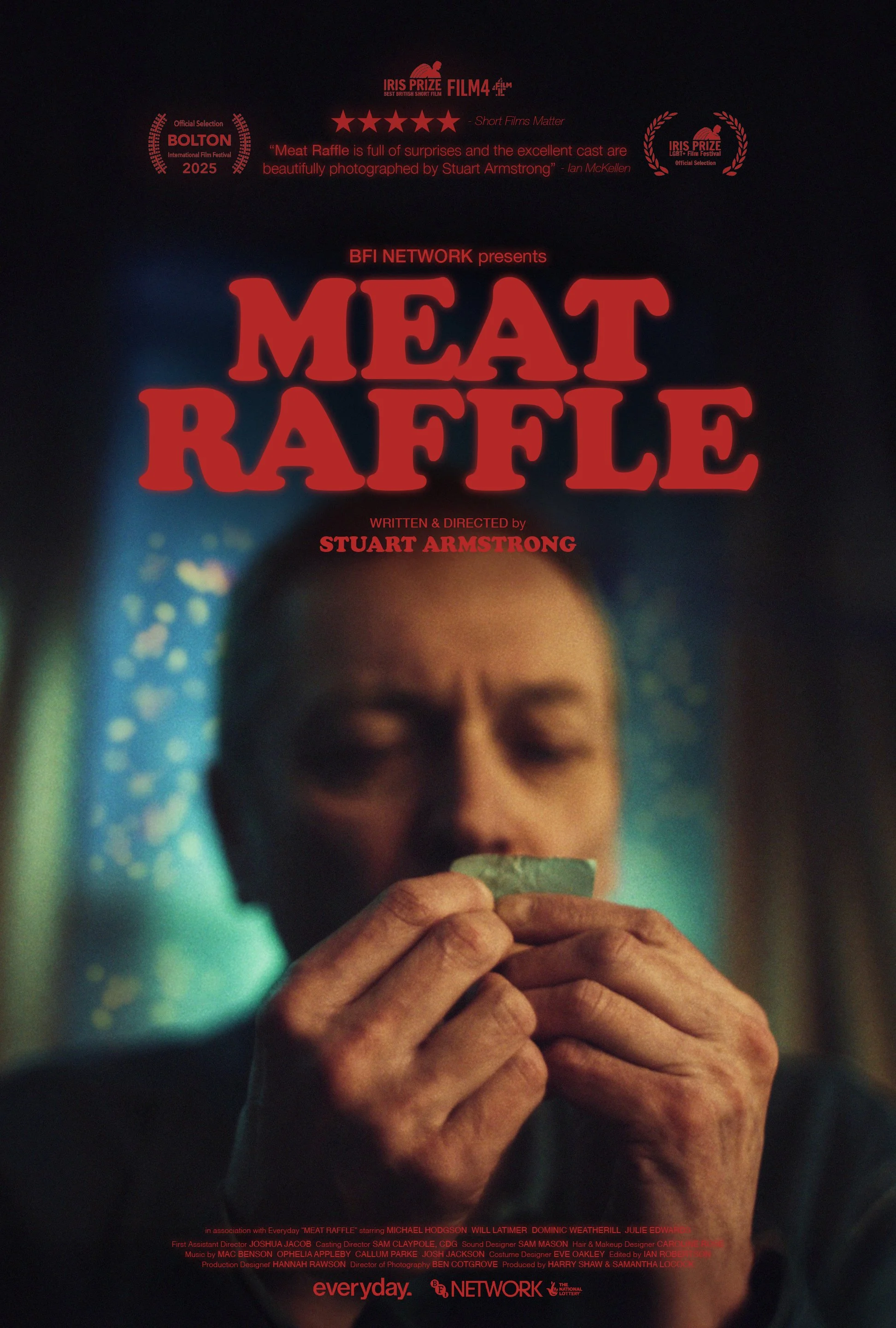 Movie poster for 'Meat Raffle,' directed by Stuart Armstrong, showing a woman with blurred features holding a small piece of paper, with red bold text displaying the title and credits.