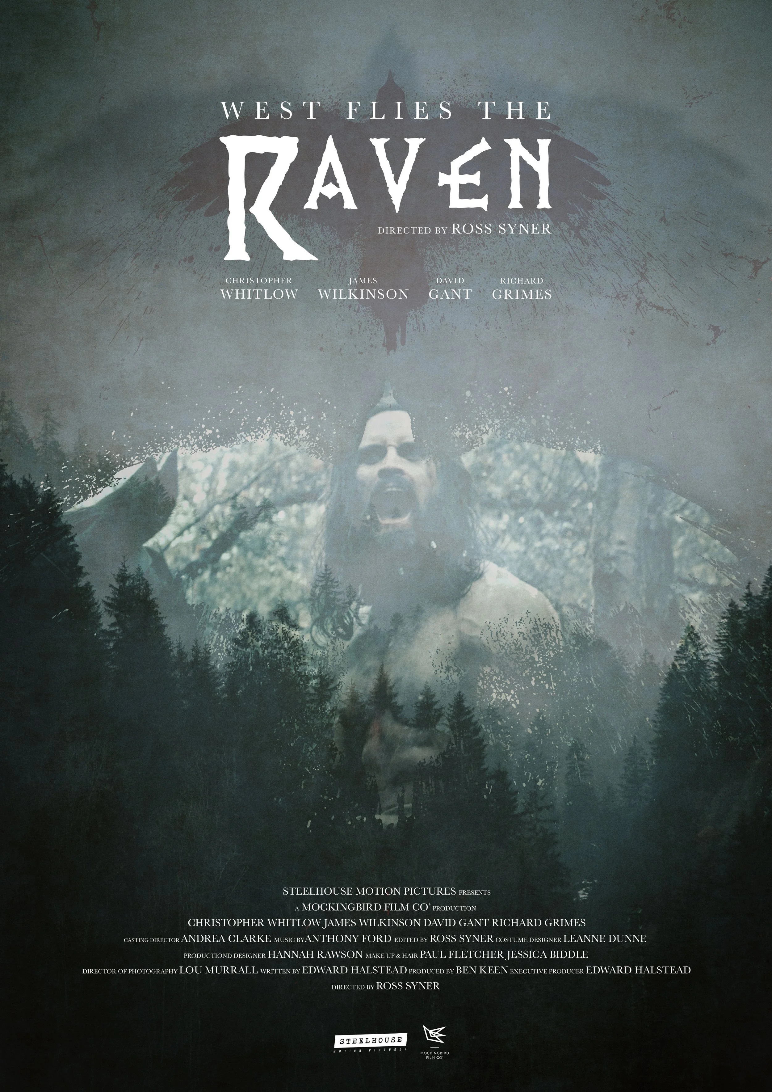 Movie poster for 'The Raven', directed by Ross Syner, featuring a dark, wooded background with a large raven silhouette and a central image of a screaming man.