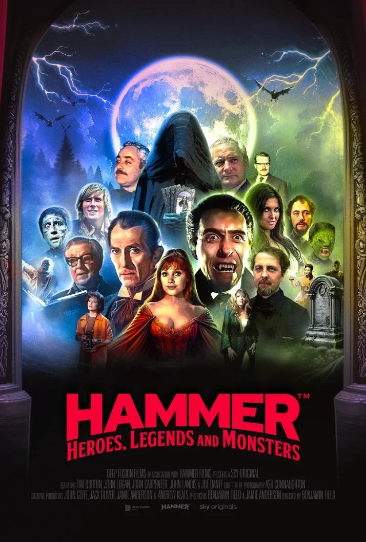 Promotional poster for the TV series 'Hammer: Heroes, Legends and Monsters,' featuring various horror characters and actors, with a large blue moon, lightning, and bats in the background.