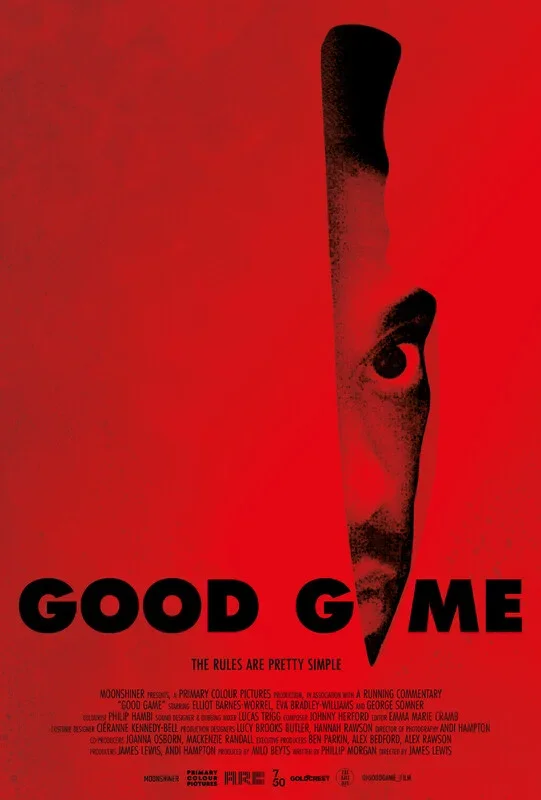 Movie poster for 'Good Game' with a red background, a vertical knife with a human eye at the bottom, and bold black text.