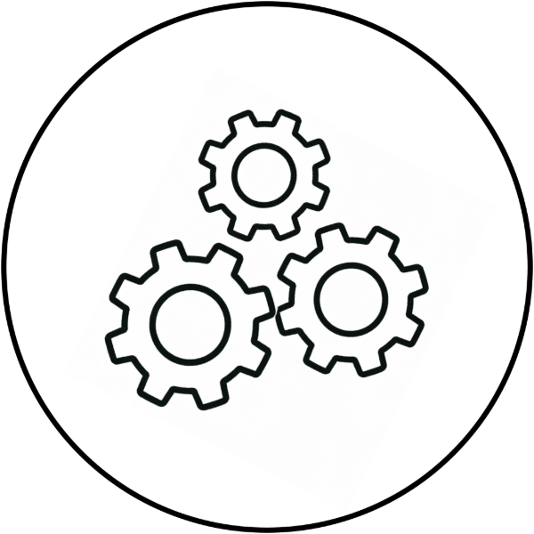 Outline illustration of three interconnected gears, symbolizing settings or mechanical processes.