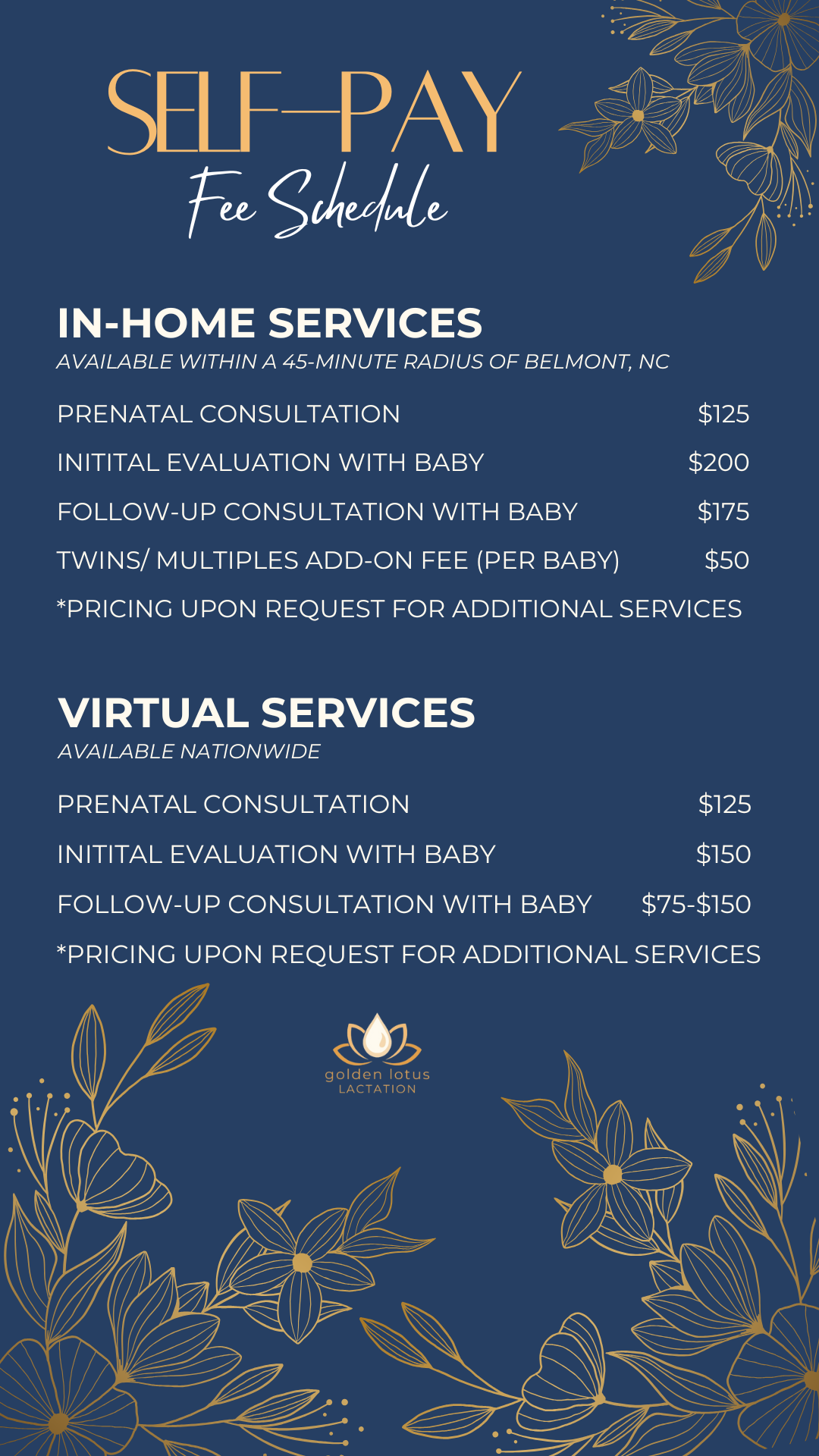 Fee Schedule for Self-Pay lactation services from Golden Lotus Lactation, featuring in-home and virtual options with prices for prenatal consultation, evaluation, follow-up, and additional services. Superbill available upon request.