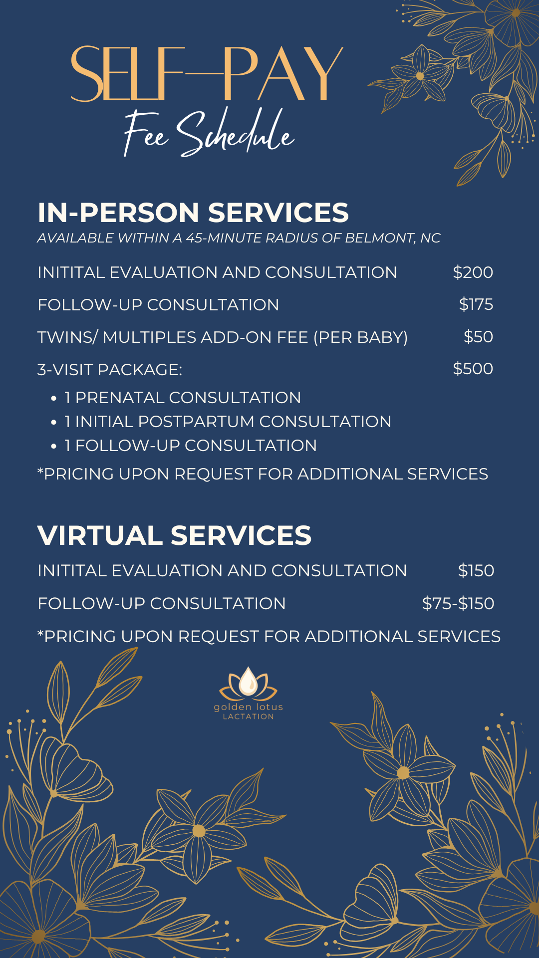 Self-pay fee schedule for in-person and virtual lactation consultation services at Golden Lotus Lactation, including pricing and package details.
