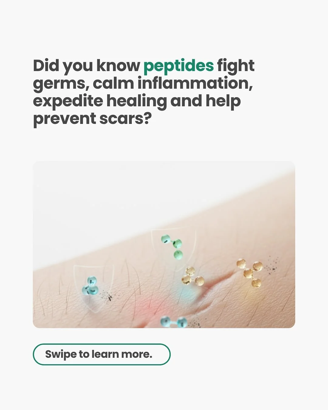 🧬 Did you know your body already makes the best medicine?
Peptides are tiny but powerful molecules that fight germs, calm inflammation, speed up healing, and help minimize scarring.
Here&rsquo;s how they work:
✨ Kill bacteria, viruses + fungi
🛡️ Re