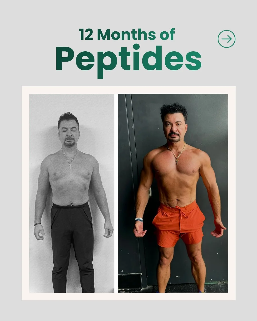 12 months. Same guy. Different biology.

This isn&rsquo;t &ldquo;just working out.&rdquo;
This is cellular reprogramming.

👉 Peptides don&rsquo;t build muscle, your body does.
They just remind your cells what they used to know before stress, inflamm