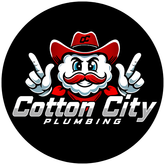 Logo featuring a cartoon cloud character with a handlebar mustache, wearing a red cowboy hat, and pointing with both fingers. Below, the text reads 'Cotton City Plumbing'.