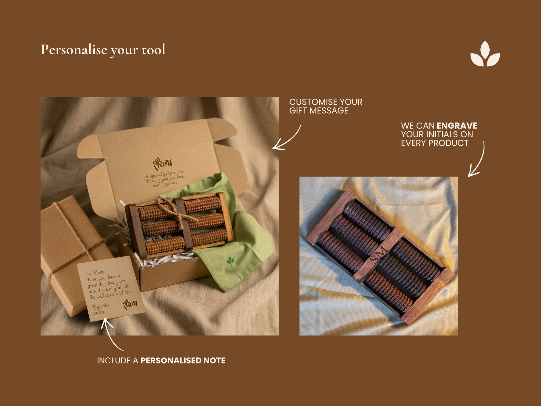 Personalised wooden foot reflexology board with engraved initials and custom gift message packaging.