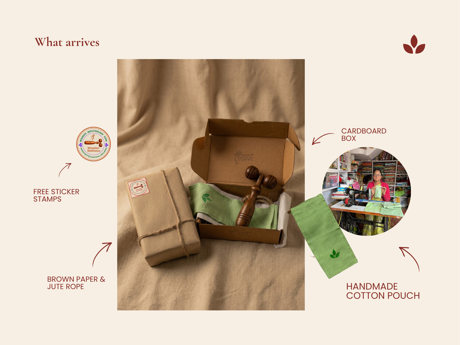 Sustainable packaging for wooden facial massage roller with cardboard box, cotton pouch, brown paper and jute rope