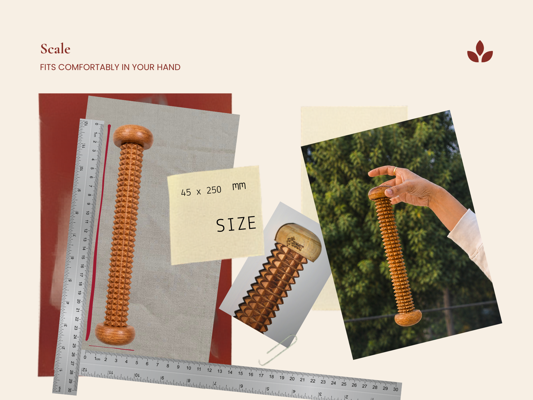 Handmade wooden recovery roller size 45 x 250 mm shown with ruler and hand scale