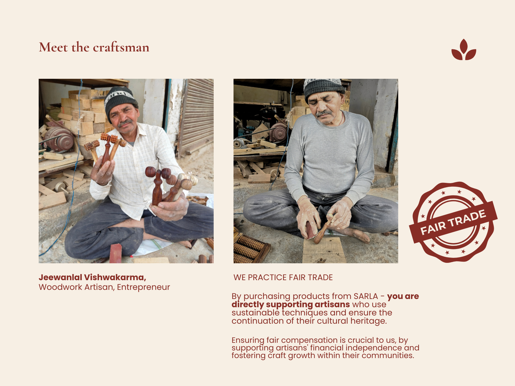 Artisan holding handmade wooden facial massage rollers in workshop with fair trade message